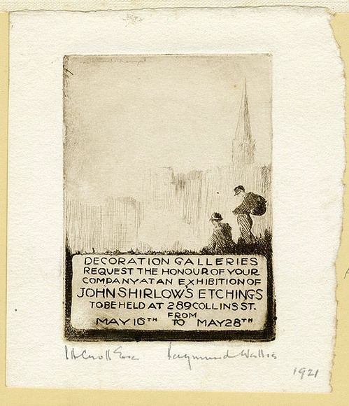 Artist: b'Wallis, Raymond.' | Title: b'Invitation to an exhibition of etchings by John Shirlow.' | Date: 1921 | Technique: b'etching, printed in brown ink with plate-tone, from one plate'