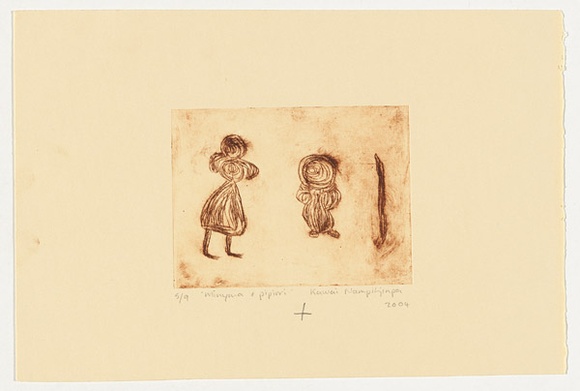 Artist: b'Nampitjinpa, Kawai.' | Title: b'Minyma + pipirri' | Date: 2004 | Technique: b'drypoint etching, printed in brown ink, from one perspex plate'