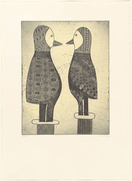 Artist: b'Murray, Janice.' | Title: b'not titled [2 birds facing eachother]' | Date: 1999, July | Technique: b'etching, intaglio and relief printed in colour, from one plate' | Copyright: b'\xc2\xa9 Janice Murray and Jilamara Arts + Craft'