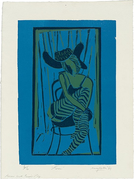 Artist: b'WALKER, Murray' | Title: b'Karen with raised leg.' | Date: 1969 | Technique: b'linocut, printed in colour, from three blocks'