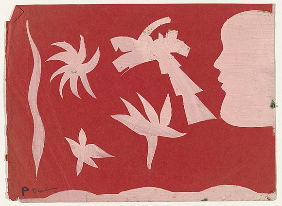 Artist: b'Blackman, Charles.' | Title: b'not titled [profile, palm trees].' | Date: c.1952 | Technique: b'screenprint, printed in white ink, from one stencil'