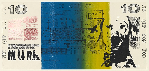 Artist: b'UNKNOWN' | Title: b'The QIT con job' | Date: c1977-81 | Technique: b'screenprint, printed in colour, from multiple stencils'