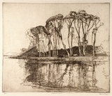 Artist: LONG, Sydney | Title: Reflections, Avoca | Date: (1928) | Technique: line-etching, printed in brown ink with plate-tone, from one copper plate | Copyright: Reproduced with the kind permission of the Ophthalmic Research Institute of Australia