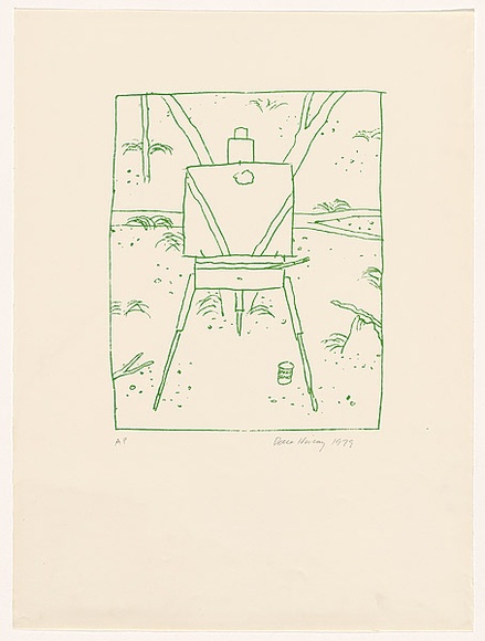 Artist: b'Hickey, Dale.' | Title: b(Artist's easel in the landscape) | Date: 1979 | Technique: b'lithograph, printed in green ink, from one stencil'