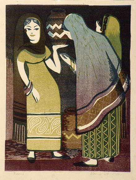 Artist: b'Higgs, Florence.' | Title: b'Gossip' | Date: (1954) | Technique: b'linocut, printed in colour, from four blocks'