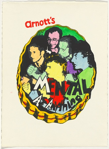 Artist: b'WORSTEAD, Paul' | Title: b'Arnotts - Mental as anything' | Date: 1982 | Technique: b'screenprint, printed in colour, from two stencils; hand-coloured' | Copyright: b'This work appears on screen courtesy of the artist'