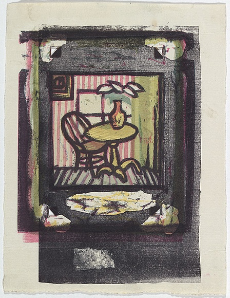 Artist: b'Barwell, Geoff.' | Title: b'(Interior).' | Date: (1955) | Technique: b'linocut, printed in colour, from five blocks'