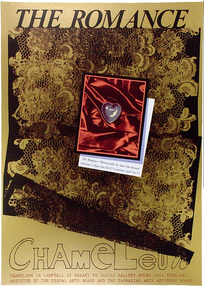 Artist: b'ARNOLD, Raymond' | Title: b'The romance - photographs by Anne MacDonald Chameleon, Hobart.' | Date: 1986 | Technique: b'screenprint, printed in colour, from eight stencils'