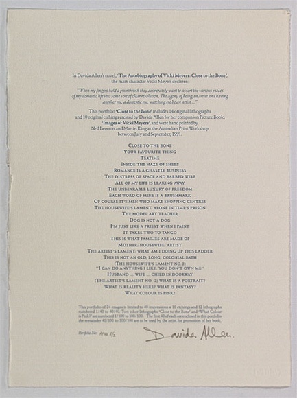 Artist: b'Allen, Davida' | Title: b'not titled [title page and edition details]' | Date: 1991, July - September | Technique: b'lithograph, printed in blue ink, from one stone'