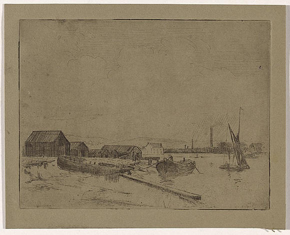 Artist: b'Bell, George..' | Title: b'(River with boats and buildings).' | Date: c.1912 | Technique: b'etching, printed in black ink, from one plate'