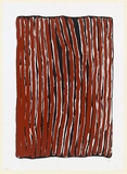 Artist: b'WARLAPINNI, Freda' | Title: b'Red and white vertical stripes, running the full image on a black background' | Date: 1999, 24 November | Technique: b'screenprint, printed in colout, from multiple stencils'