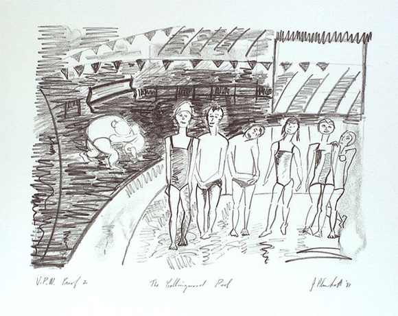 Artist: b'PLUNKETT, Jennifer' | Title: b'The Collingwood Pool' | Date: 1981 | Technique: b'lithograph, printed in black ink, from one stone'