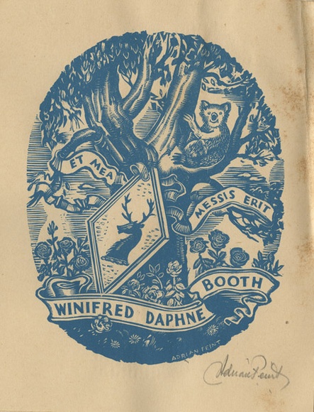 Artist: b'FEINT, Adrian' | Title: b'Bookplate: Winifred Daphne Booth.' | Date: (1938) | Technique: b'wood-engraving, printed in blue ink, from one block' | Copyright: b'Courtesy the Estate of Adrian Feint'