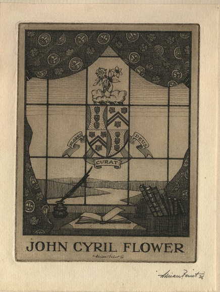 Artist: b'FEINT, Adrian' | Title: b'Bookplate: John Cyril Flower.' | Date: 1926 | Technique: b'etching, printed in brown ink with plate-tone, from one plate' | Copyright: b'Courtesy the Estate of Adrian Feint'