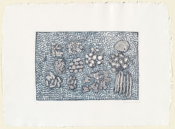 Artist: b'RED HAND PRINT' | Title: b'Imagery representing seafood of the area like mangrove worm, turtle eggs, mud crabs, long bums, periwinkles, stingray, dugong' | Date: 1999, November | Technique: b'etching, line-etching, sugarlift openbite and aquatint, printed in black ink, from one plate'