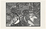 Artist: Dickson, Jim. | Title: not titled [black and white surreal composition, two eyes in triangles upper centre and mushrooms on right]. | Date: 1970-1990 | Technique: screenprint, printed in black ink, from one stencil