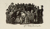 Artist: OGILVIE, Helen | Title: (Couple with wine glasses at table, race horse, jockey, gamblers,  with crowd behind) | Date: (1953) | Technique: wood-engraving, printed in black ink, from one block