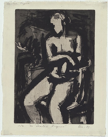 Artist: b'MADDOCK, Bea' | Title: b'Seated figure' | Date: 1960-1961 | Technique: b'etching, sugar-lift aquatint and softground etching, printed in black ink, from one zinc plate'