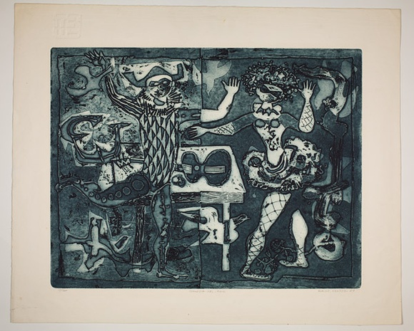 Artist: b'Haxton, Elaine' | Title: b'Commedia del arte' | Date: 1967 | Technique: b'open-bite etching and aquatint, printed in blue ink'