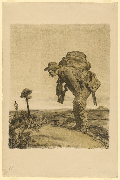 Artist: b'Dyson, Will.' | Title: b'One of the old platoon.' | Date: 1917 | Technique: b'lithograph, printed in colour, from two stones (black and green)'