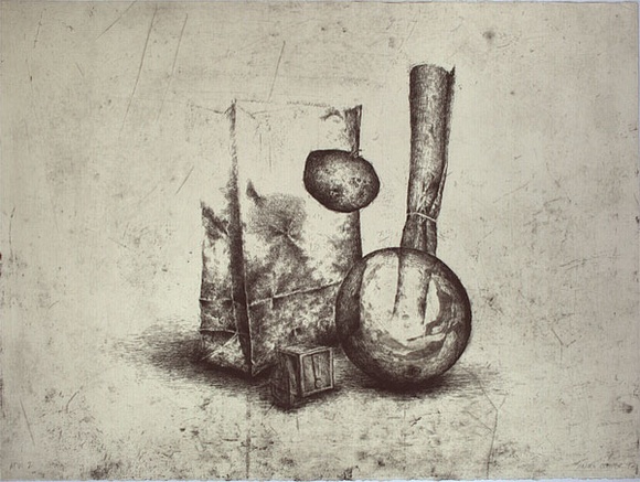 Artist: Cooper, Simon. | Title: not titled [still life with paper bag and balloon] | Date: 1992 | Technique: etching, printed in black ink, from one plate
