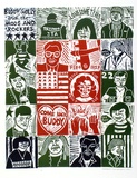 Artist: b'HANRAHAN, Barbara' | Title: b'Buddy Holly and the Mods and Rockers' | Date: 1965 | Technique: b'linocut, printed in colour from two blocks, each approx. 10.two cm each separately inked and place in a grid before printing'