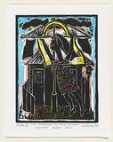 Artist: b'Sibley, Andrew.' | Title: b'The madonna of the rotary clothes hoist no. 2' | Date: 1999 | Technique: b'linocut, printed in black ink, from one block; hand-coloured'