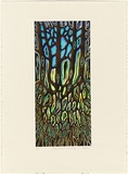 Title: Rainforest morning | Date: 2009 | Technique: linocut, printed in black ink from one block; hand-coloured
