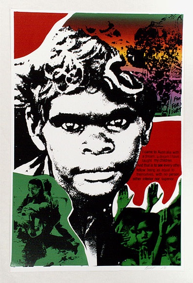 Artist: b'Hill, Eugenia.' | Title: b'Racism, a pillar of War 1' | Date: 1986 | Technique: b'screenprint, printed in colour, from multiple stencils'