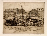 Artist: b'Menpes, Mortimer.' | Title: b'(A market square on a rainy day)' | Technique: b'etching and drypoint, printed in brown ink, from one plate'