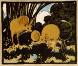 Artist: Flett, James. | Title: Jerboas. | Date: (1932) | Technique: linocut, printed in colour, from mutliple blocks