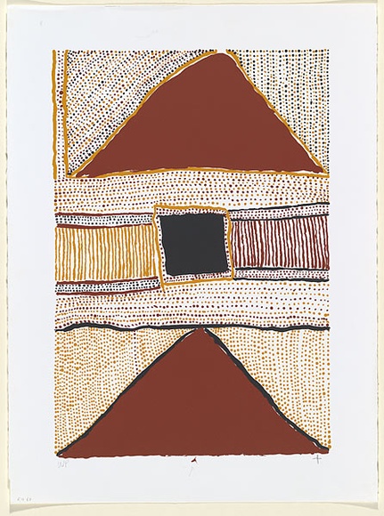 Artist: b'RED HAND PRINT' | Title: b'Two red ochre hills with centre square, black motif, stripes radiating out along the horizon, dot infill' | Date: 1998, 20 August | Technique: b'screenprint, printed in colour, from multiple stencils'