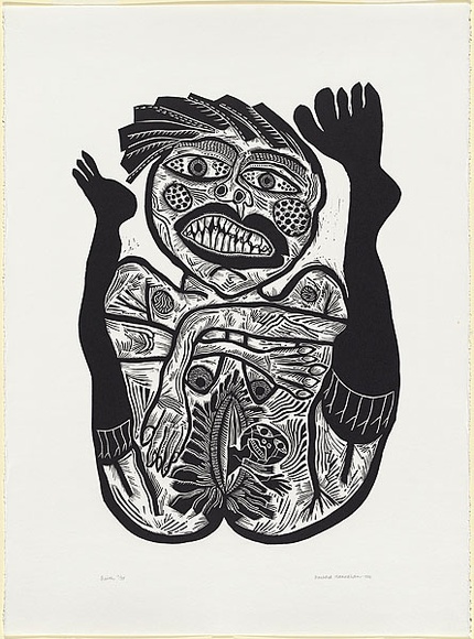 Artist: b'HANRAHAN, Barbara' | Title: b'Birth' | Date: 1986 | Technique: b'linocut, printed in black ink, from one block'