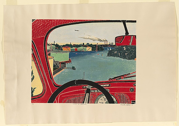 Artist: b'Campbell, Cressida.' | Title: b'Through the windscreen.' | Date: 1986 | Technique: b'woodcut, printed in colour, from multiple blocks' | Copyright: b'\xc2\xa9 Cressida Campbell'