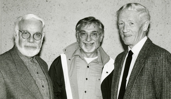 Artist: b'Heath, Gregory.' | Title: b'Portrait of Udo Sellbach, Earl Backen and Tate Adams, speakers at the 2nd Australian Print Symposium, Canberra: National Gallery of Australia, 1992' | Date: 1989