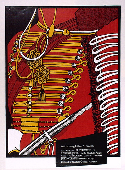 Artist: b'ARNOLD, Raymond' | Title: b'The recruiting officer. A comedy. Playhouse, Hobart.' | Date: 1988 | Technique: b'screenprint, printed in colour, from three stencils'
