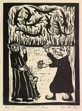 Artist: Allen, Joyce. | Title: (Wizard Agonis cringes under Wizard Lambertia's wickedness) (Illustration 8). | Date: 1987 | Technique: linocut, printed in black ink, from one block
