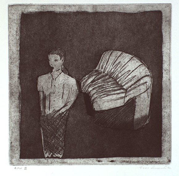 Artist: b'Anceschi, Eros.' | Title: b'Singer (with couch)' | Date: 1992, July | Technique: b'etching, aquatint and roulette, printed in black ink, from one plate'