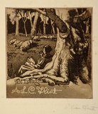 Artist: b'Hunter, William.' | Title: b'Bookplate: A.L.C. Flint' | Date: 1944 | Technique: b'etching and aquatint, printed in brown ink, from one plate'