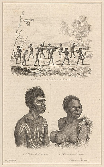 Title: bEnterrement des naturels de l'Australie, Naturel de L'Australie and Femme de la Tasmanie [Burial of natives of Australia, Native of Australia and Woman of Tasmania] | Date: 1835 | Technique: b'engraving, printed in black ink, from one steel plate'