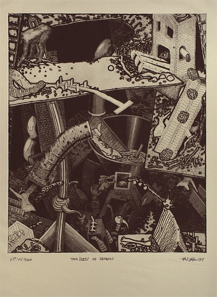 Artist: b'Ralph, Timothy' | Title: b'The sleep of reason' | Date: 1987 | Technique: b'etching and sugarleft, printed in black ink, from one plate' | Copyright: b'\xc2\xa9 Timothy Ralph. Licensed by VISCOPY, Australia'