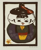 Artist: Randell, Fleur. | Title: not titled [the Japanese doll] | Date: 1995, May | Technique: linocut, printed in black ink, from one block; hand-coloured