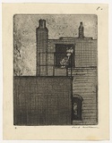Artist: b'WILLIAMS, Fred' | Title: b'The workrooms' | Date: 1954-66 | Technique: b'etching, aquatint, rough biting, engraving, drypoint, printed in black ink, from one zinc plate' | Copyright: b'\xc2\xa9 Fred Williams Estate'