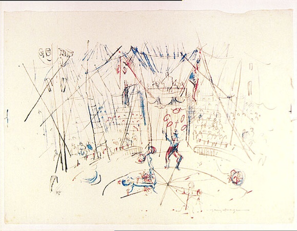 Artist: MACQUEEN, Mary | Title: Circus | Date: c.1960 | Technique: lithograph, printed in colour, from multiple plates in black, blue and orange ink | Copyright: Courtesy Paulette Calhoun, for the estate of Mary Macqueen