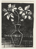 Title: Card: [vase of flowers] | Technique: linocut, printed in black ink, from one block