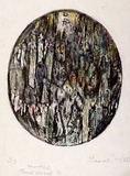 Artist: b'SHEARER, Mitzi' | Title: b'not titled [oval]' | Date: 1977-85 | Technique: b'woodcut, printed in black ink, from one block, hand-coloured, various colour'