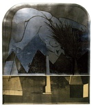 Artist: b'BALDESSIN, George' | Title: b'Personage and window II.' | Date: 1972 | Technique: b'etching and aquatint, printed in black ink, from two plates; on stencil, printed in colour, from one stencil.'
