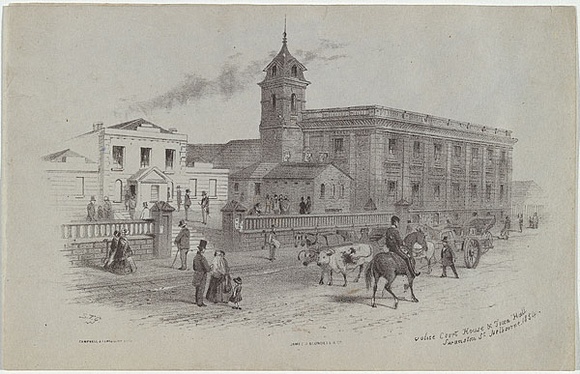 Artist: b'GILL, S.T.' | Title: b'Police court house and town hall, Swanston st Melbourne.' | Date: 1854 | Technique: b'lithograph, printed in black ink, from one stone'