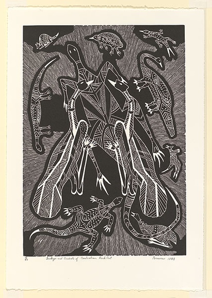 Artist: b'Hayward Pooaraar, Bevan.' | Title: b'Turkeys and animals of Australian rock art' | Date: 1988 | Technique: b'linocut, printed in black ink, from one block'