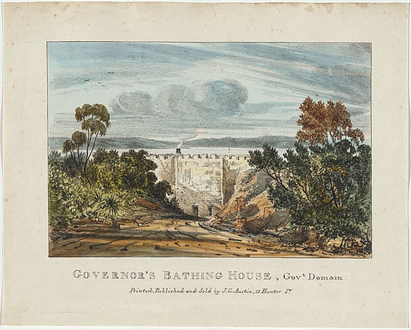 Artist: b'Russell, Robert.' | Title: bGovernor's Bathing House, Government Domain. | Date: 1836 | Technique: b'lithograph, printed in black ink, from one stone; hand-coloured'